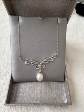 Sterling Silver Pearl Drop Necklace with Diamonds